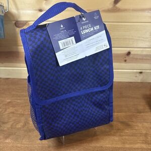 Manna 4 Piece Lunch Kit Blue Checker Insulated Bag Container Ice Packs KF51832